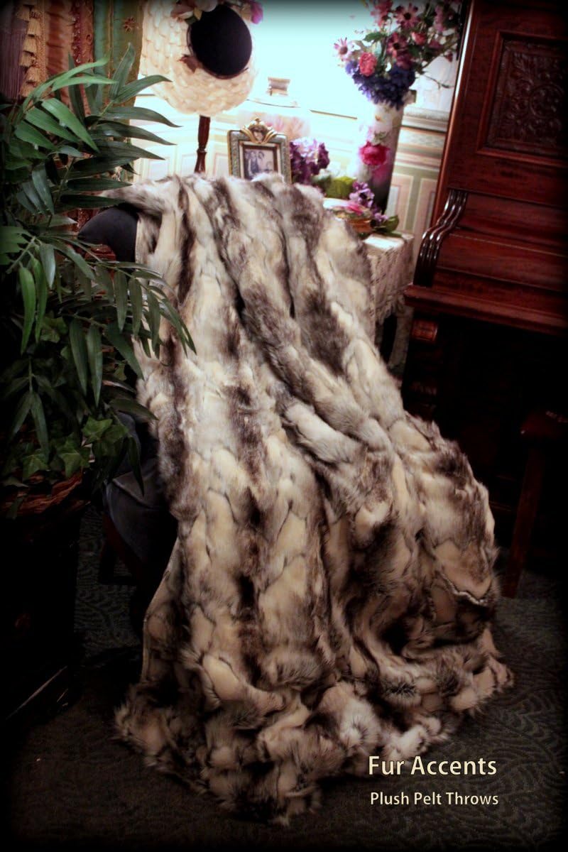 Fur Accents Throw Blanket/Coverlet/Gray Black and White Fox/Faux Fur Rabbit / 60"x72" - Image 5