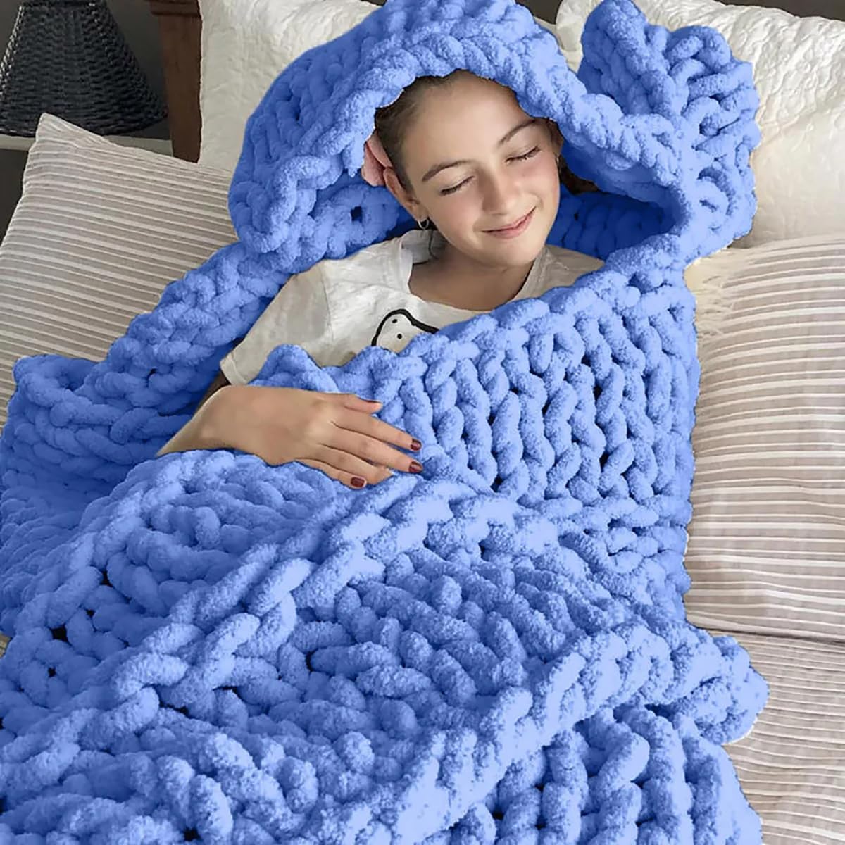 Gavilion Chenille Knit Blanket Queen Size Blue 200x200cm i##e##s: Chunky ^^ Soft ^^ Fluffy ^^ Handmade ^^ Knitted Throw Blanket ^^ Home Decor ^^ 80x80 :i##e##s - Image 4