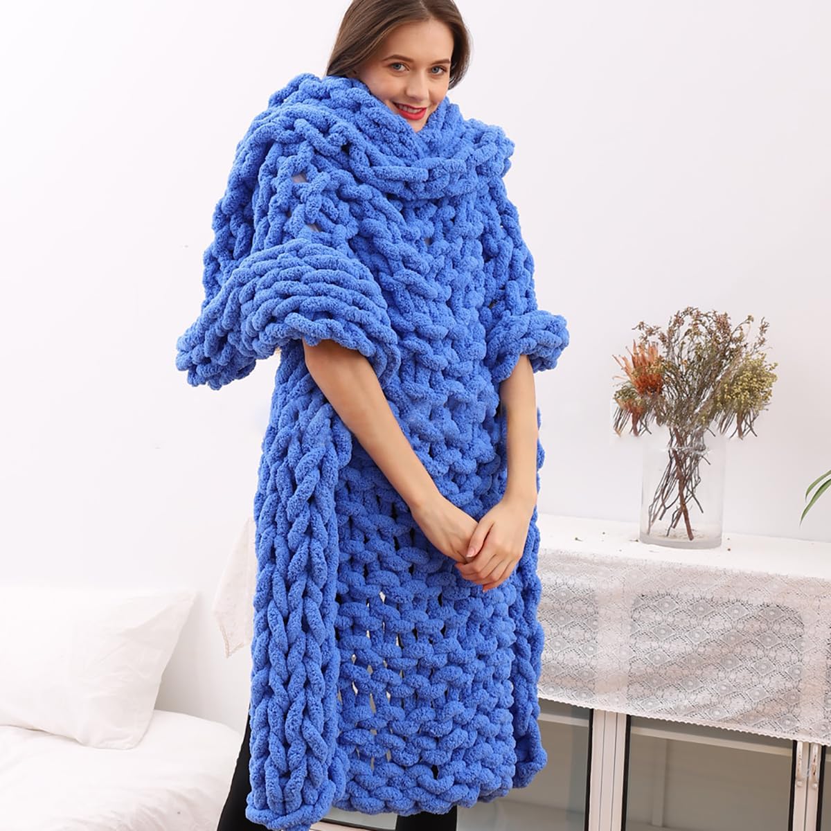 Gavilion Chenille Knit Blanket Queen Size Blue 200x200cm i##e##s: Chunky ^^ Soft ^^ Fluffy ^^ Handmade ^^ Knitted Throw Blanket ^^ Home Decor ^^ 80x80 :i##e##s
