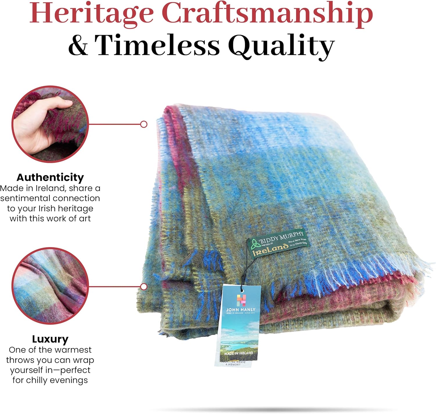 Genuine Irish Angora Mohair Wool Throw Blanket 72"x54" Inches Plaid Multicolor i##e##s: Super Soft Feel ^^ Warmth ^^ Traditional Celtic Style ^^ Imported from Ireland :i##e##s - Image 6