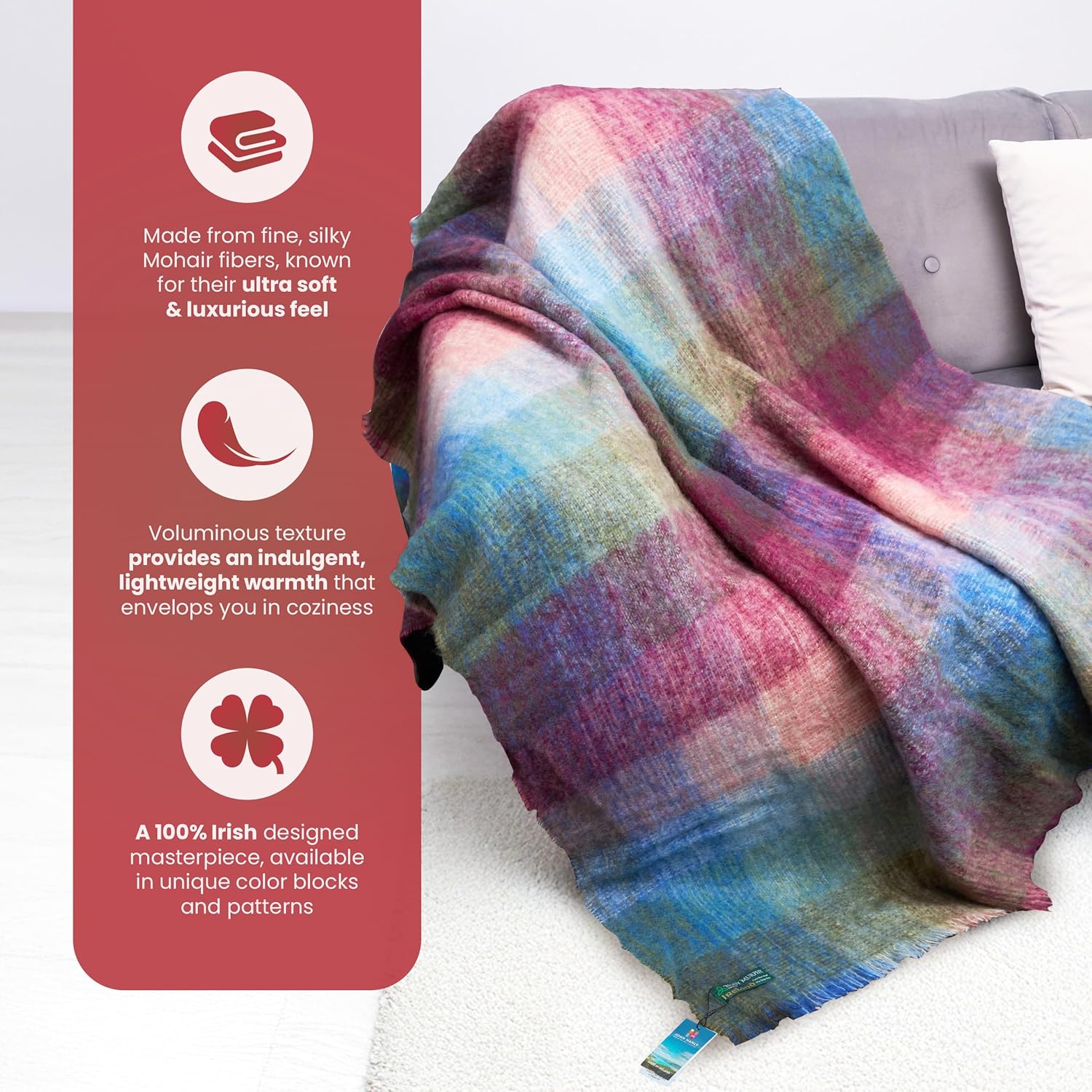 Genuine Irish Angora Mohair Wool Throw Blanket 72"x54" Inches Plaid Multicolor i##e##s: Super Soft Feel ^^ Warmth ^^ Traditional Celtic Style ^^ Imported from Ireland :i##e##s - Image 5