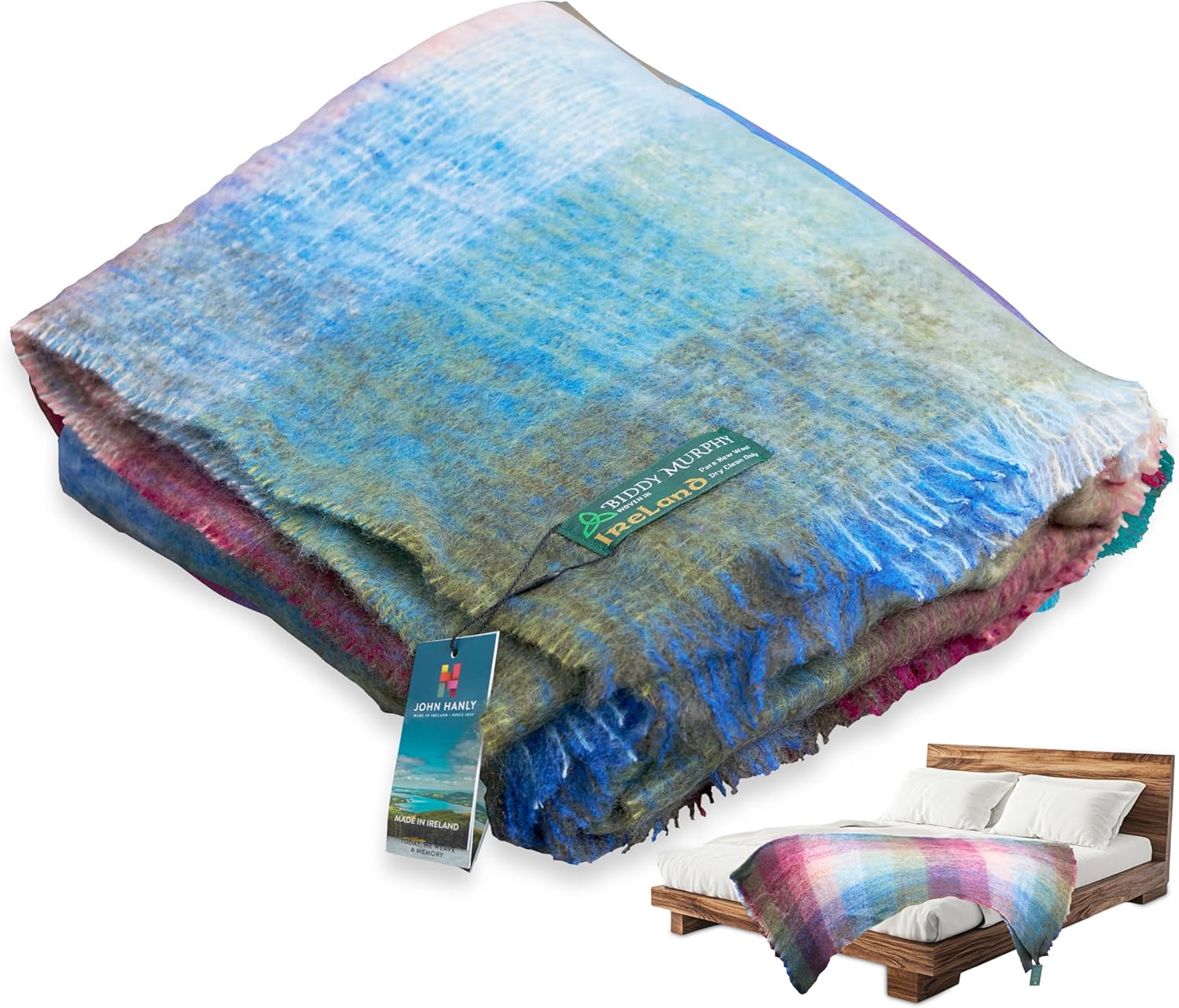 Genuine Irish Angora Mohair Wool Throw Blanket 72"x54" Inches Plaid Multicolor i##e##s: Super Soft Feel ^^ Warmth ^^ Traditional Celtic Style ^^ Imported from Ireland :i##e##s