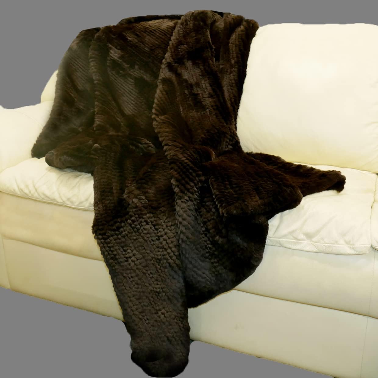 Glacier Wear Rex Rabbit Fur Throw Blanket - Knit Brown rexblkt106 - Image 2