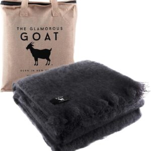 Glamorous Goat Merino Wool Throw Blanket - 55% Mohair, 34% Wool, Ultra Soft and Fluffy, Warm and Cosy, Ethically-sourced. 71' x 51'. Hemp Carrier Bag Included (Charcoal)