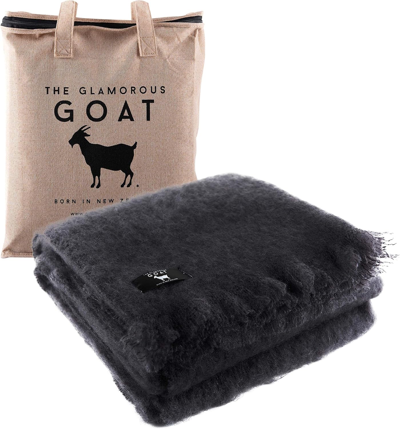 Glamorous Goat Merino Wool Throw Blanket - 55% Mohair, 34% Wool, Ultra Soft and Fluffy, Warm and Cosy, Ethically-sourced. 71' x 51'. Hemp Carrier Bag Included (Charcoal)