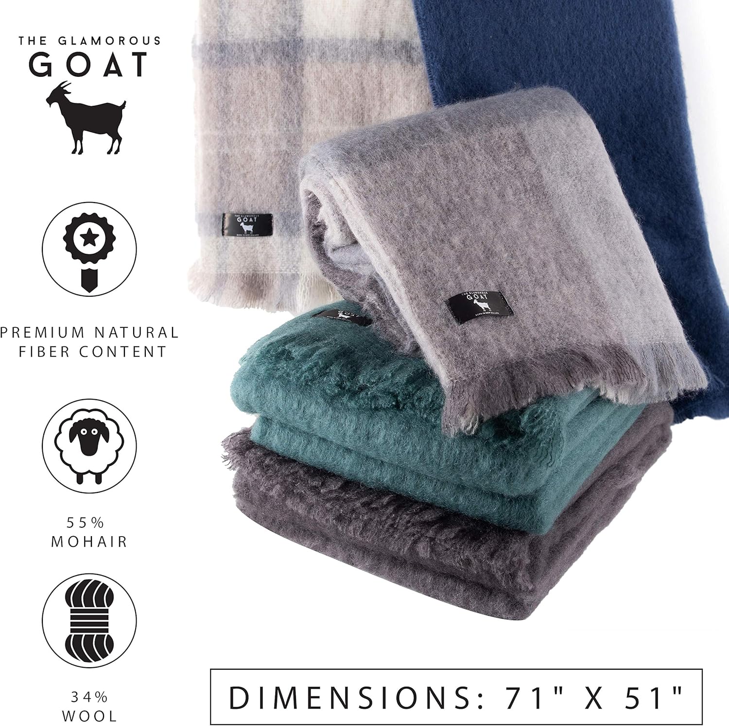 Glamorous Goat Merino Wool Throw Blanket - 55% Mohair, 34% Wool, Ultra Soft and Fluffy, Warm and Cosy, Ethically-sourced. 71' x 51'. Hemp Carrier Bag Included (Charcoal) - Image 4