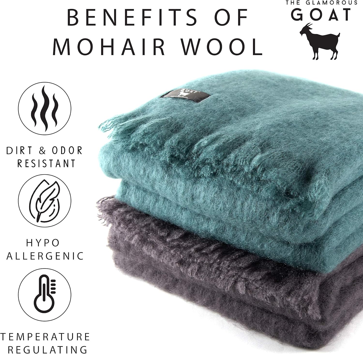 Glamorous Goat Merino Wool Throw Blanket - 55% Mohair, 34% Wool, Ultra Soft and Fluffy, Warm and Cosy, Ethically-sourced. 71' x 51'. Hemp Carrier Bag Included (Charcoal) - Image 2
