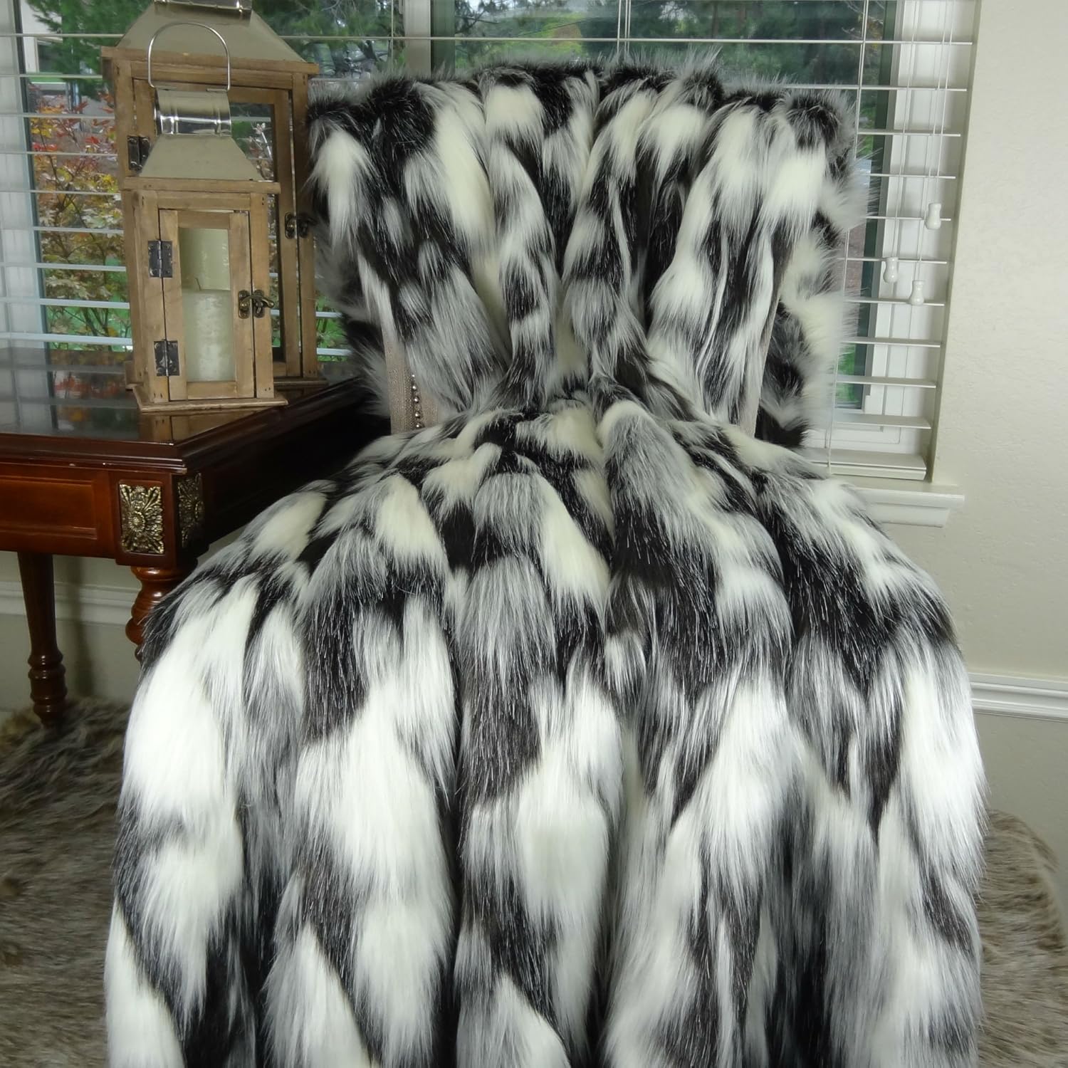 Gray Black White Faux Fur Throw Blanket & Bedspread - Tibet Fox Fur - Gray Black White Luxury Faux Fur - Soft Faux Fur Blanket, Made in USA, 16438 - Image 2