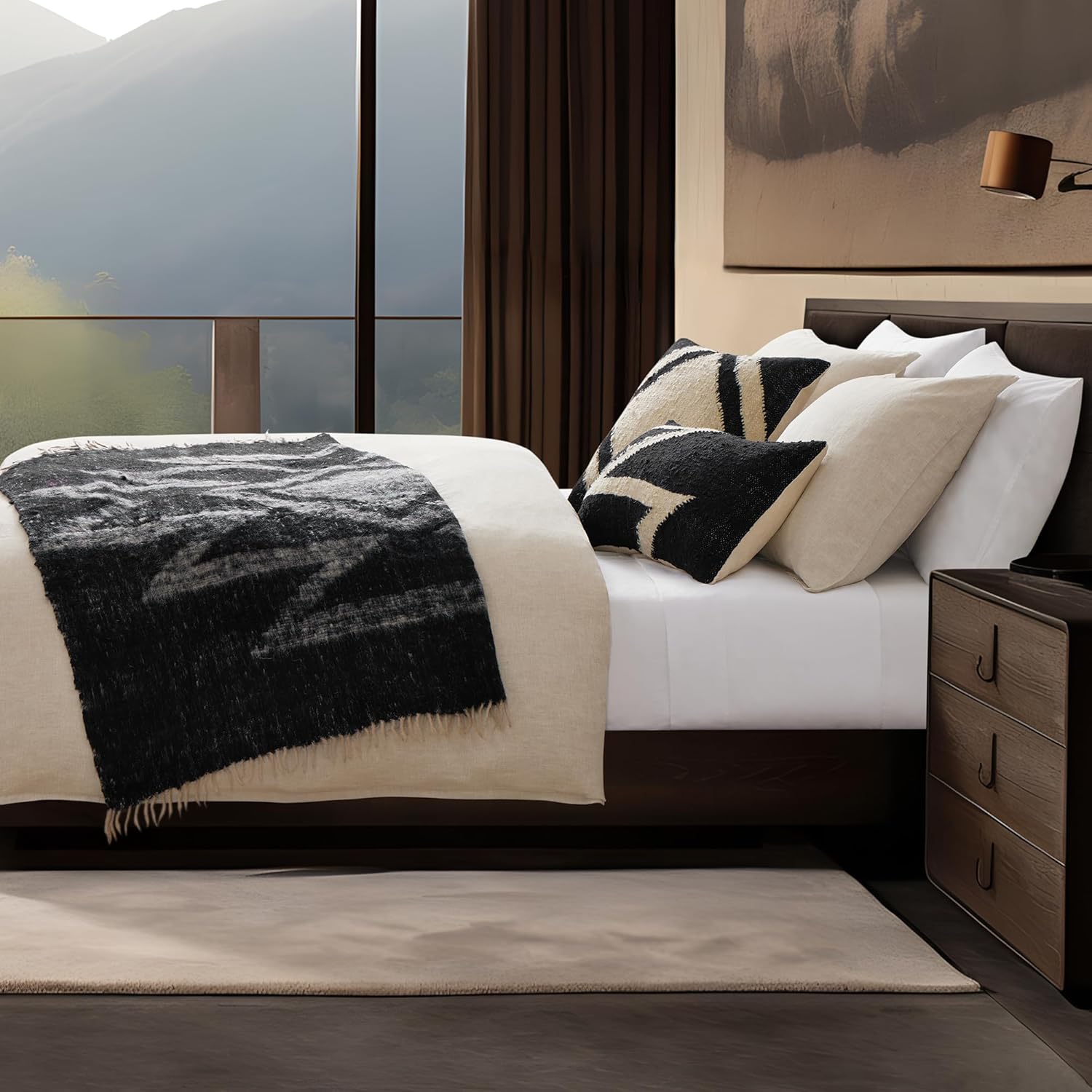 HiEnd Accents Antigua Aztec Wool Blanket 50x60 inch, Black White Geometric Design Southwestern Throw Blanket, Modern Rustic Western Handwoven Blanket