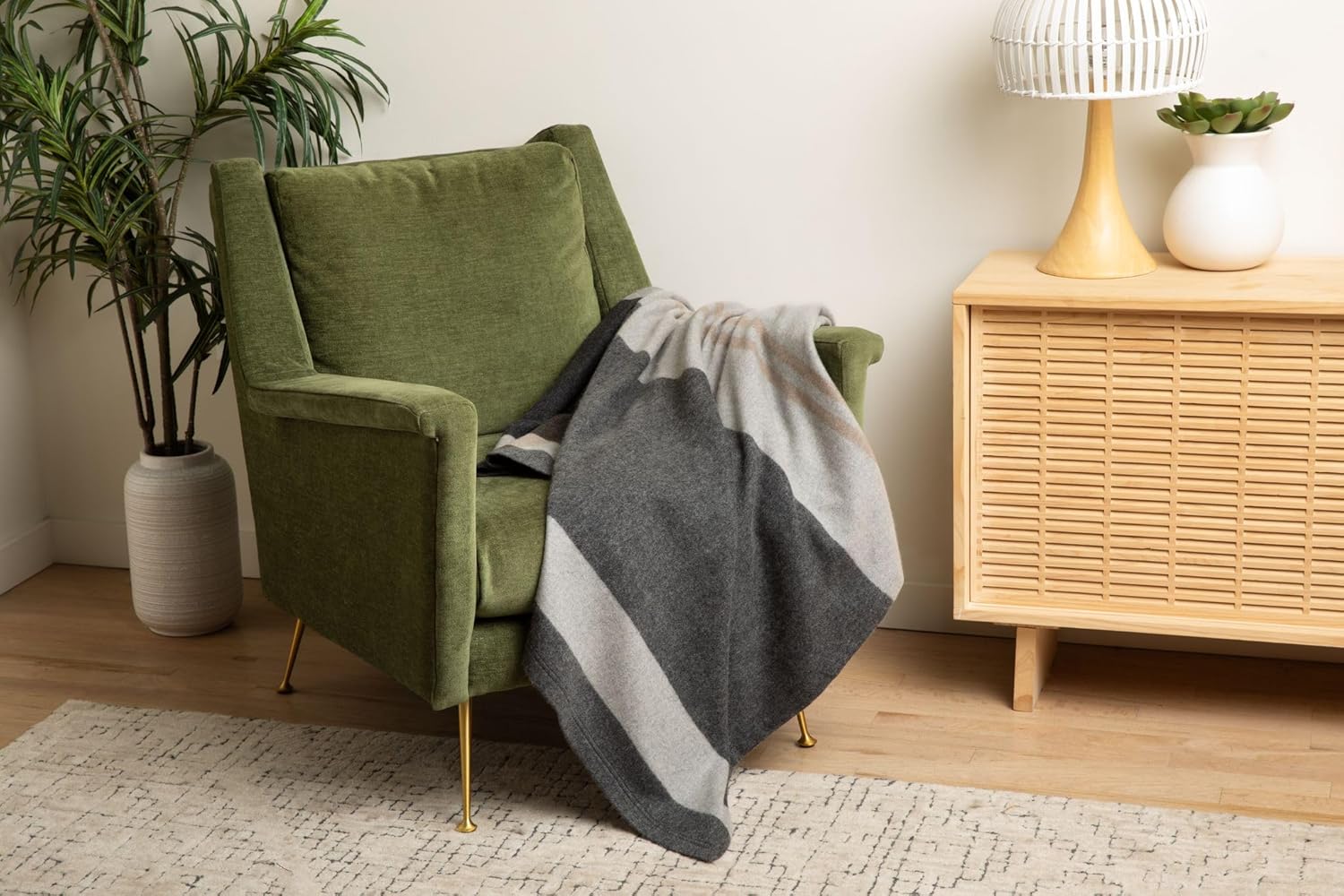 Jet&Bo 100% Pure Cashmere Throw Blanket Ultra Soft Woven Accent Blanket for Couch, Sofa & Bed Large 73”x53” Gray, Black, Beige Stripe Pattern - Image 2