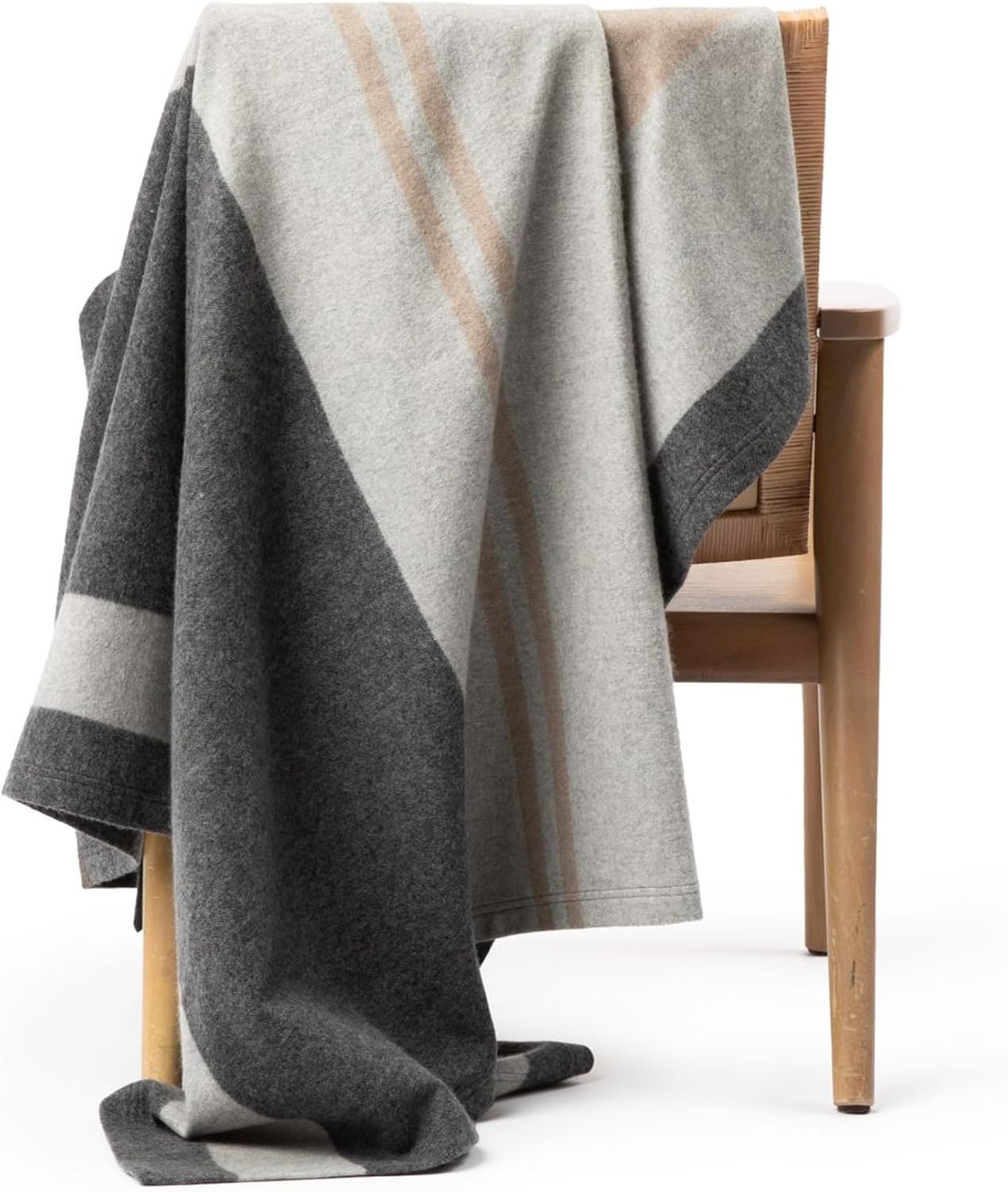 Jet&Bo 100% Pure Cashmere Throw Blanket Ultra Soft Woven Accent Blanket for Couch, Sofa & Bed Large 73”x53” Gray, Black, Beige Stripe Pattern