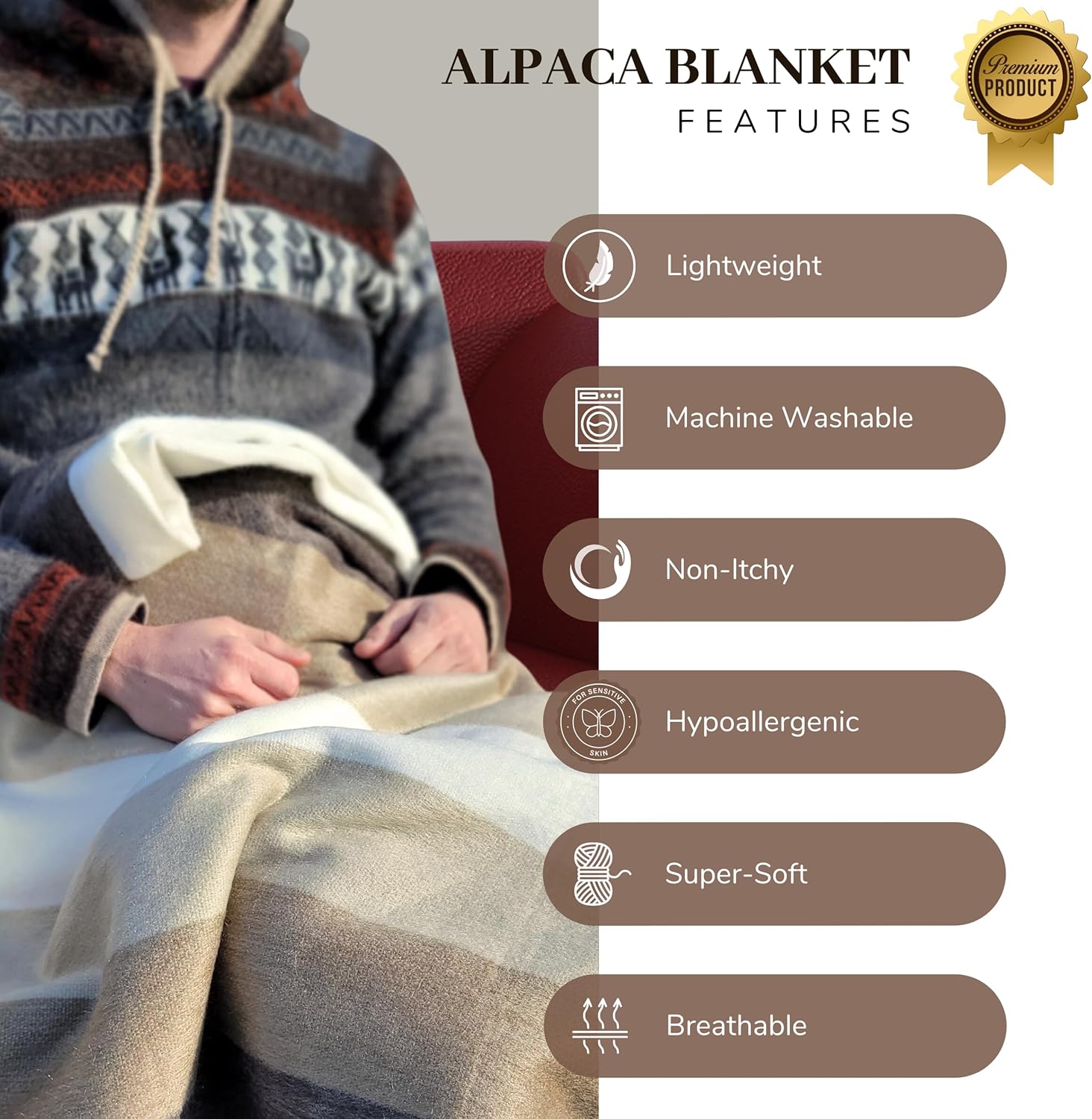 LATITUDE ZERO, Alpaca Wool Throw Blanket | Warm, Ultra-Soft, Breathable, Non-Itchy Blanket-Throw | Hypoallergenic and Beautiful Fabric (Brick Red) - Image 4