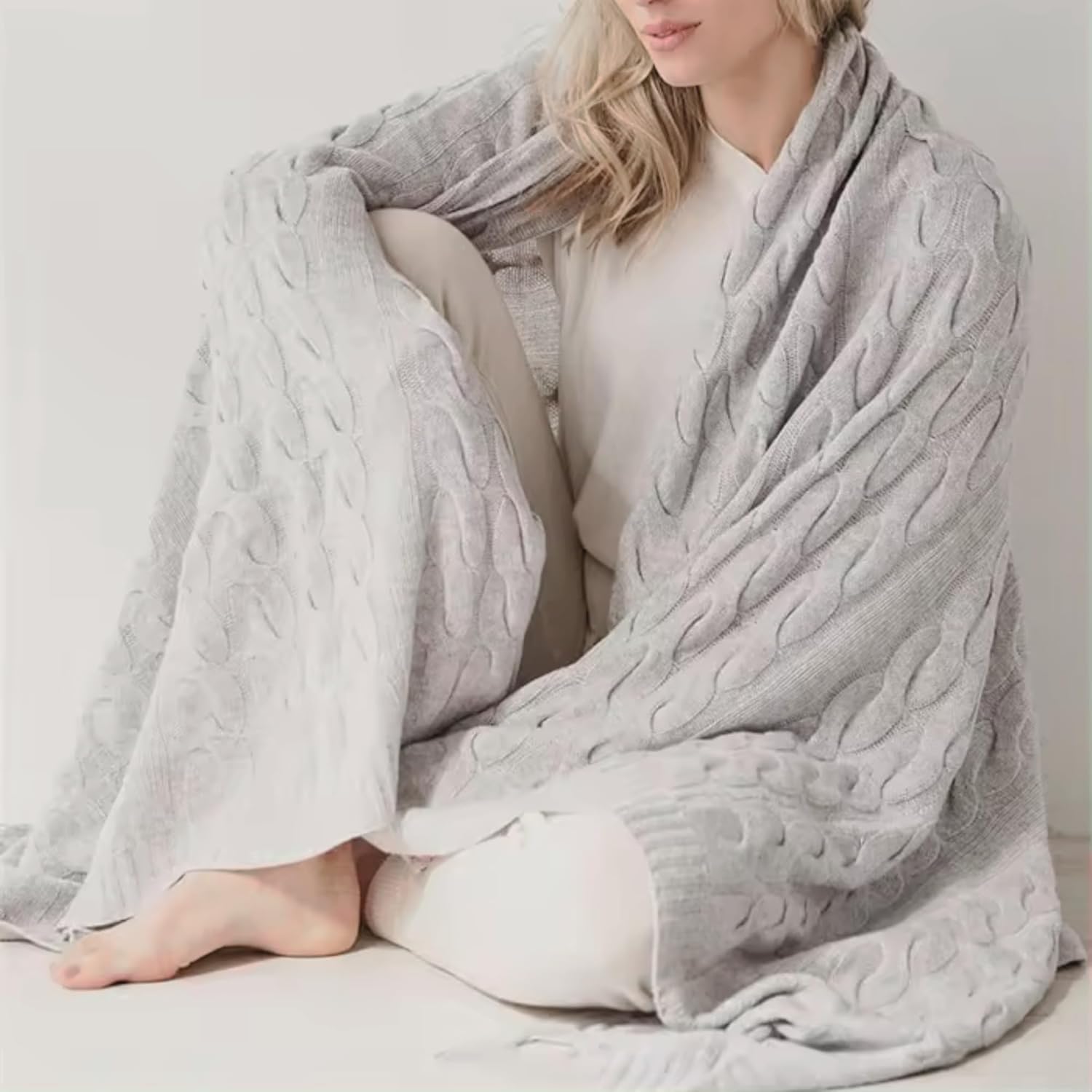 Luxurious 100% Cashmere Cable Knit Throw Blanket \u2013 Ultra-Soft, Warm, and Elegant \u2013 Available in Neutral Tones (Cream) - Image 4