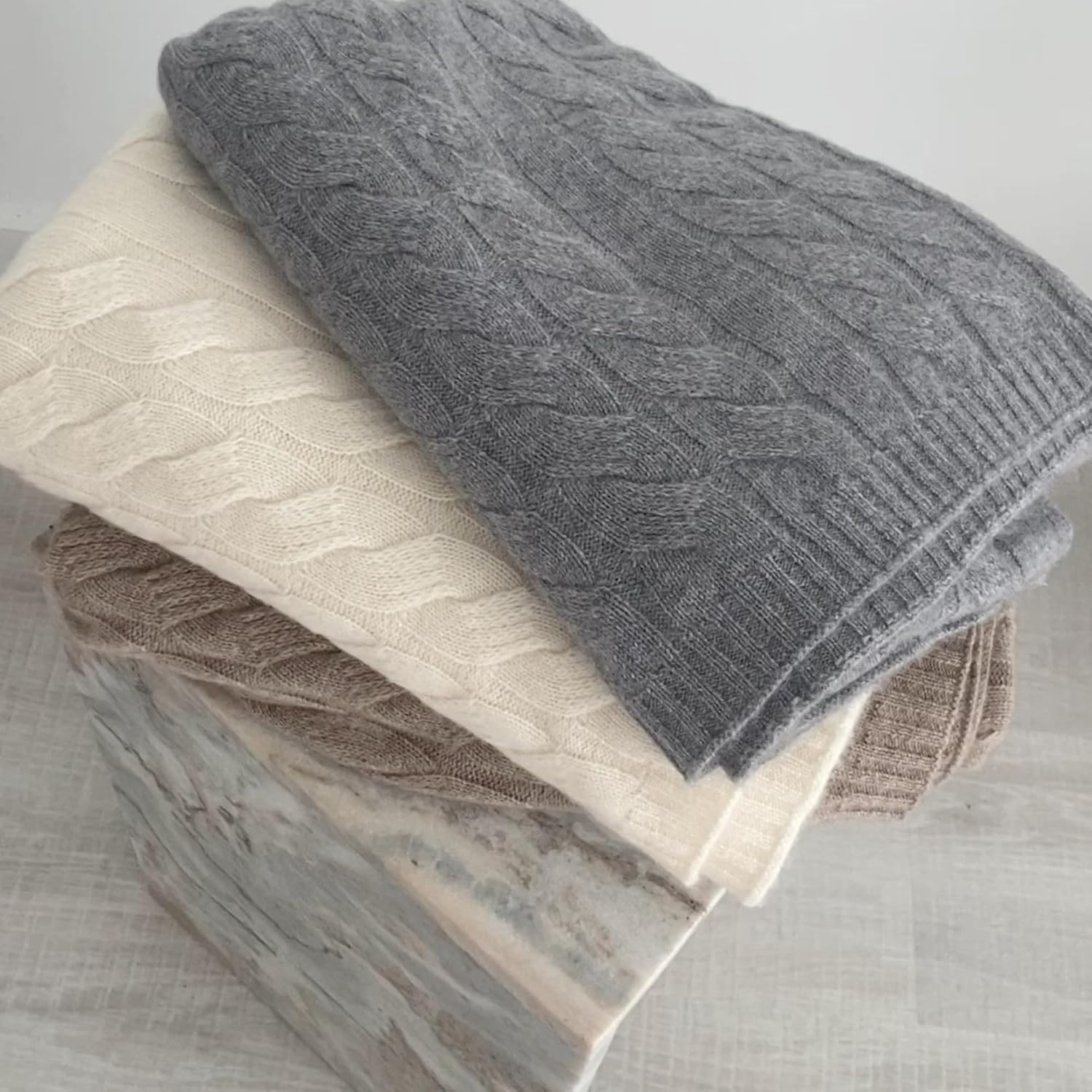 Luxurious 100% Cashmere Cable Knit Throw Blanket \u2013 Ultra-Soft, Warm, and Elegant \u2013 Available in Neutral Tones (Cream) - Image 3