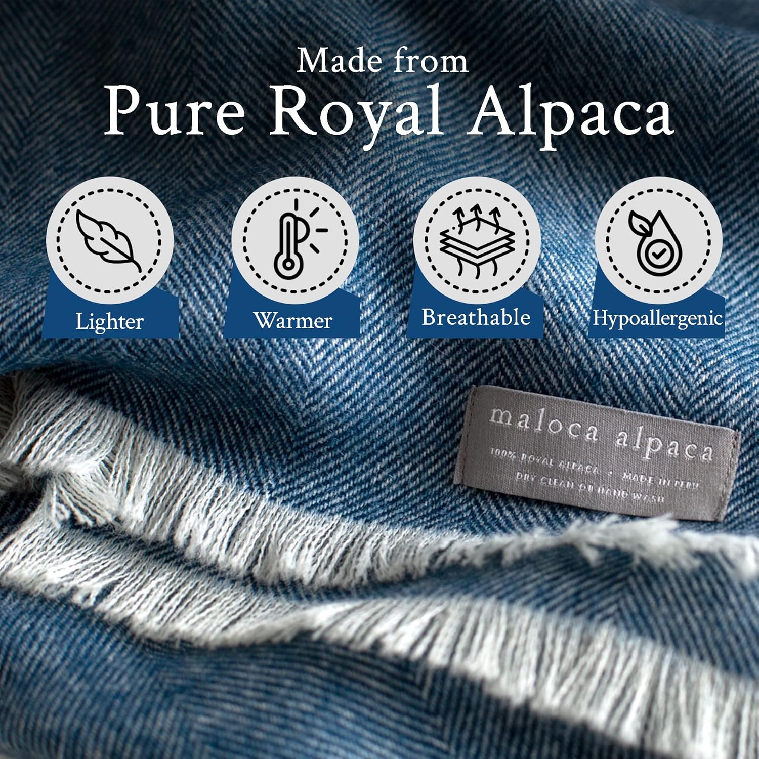 Maloca Alpaca - 100% Baby Alpaca Wool Herringbone Weave - Limited Production Ethically Sourced Throw Blanket Warmer Than Wool - Decorative Comfy Blanket for Couch, Sofa, or Beds - Indigo - Image 3
