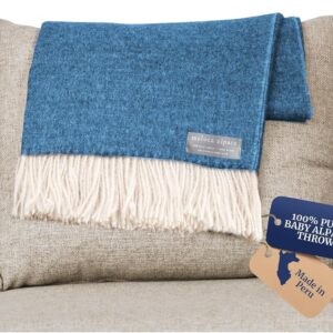Maloca Alpaca - 100% Baby Alpaca Wool Herringbone Weave - Limited Production Ethically Sourced Throw Blanket Warmer Than Wool - Decorative Comfy Blanket for Couch, Sofa, or Beds - Indigo