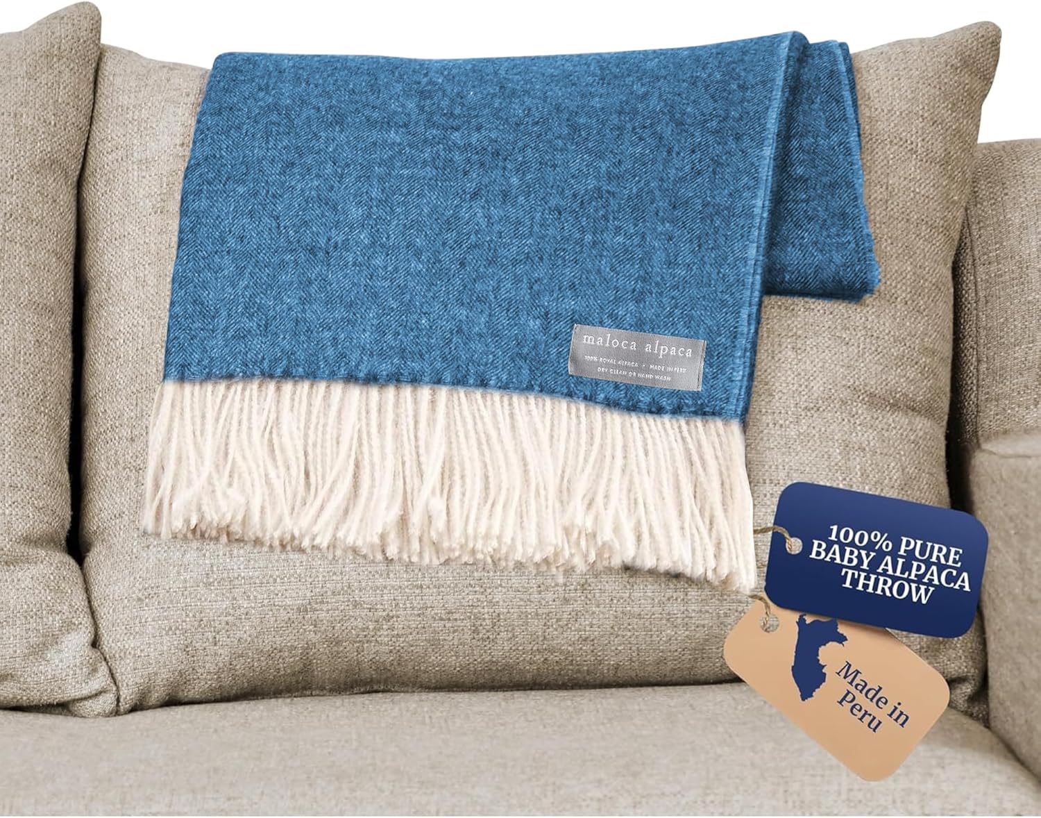 Maloca Alpaca - 100% Baby Alpaca Wool Herringbone Weave - Limited Production Ethically Sourced Throw Blanket Warmer Than Wool - Decorative Comfy Blanket for Couch, Sofa, or Beds - Indigo