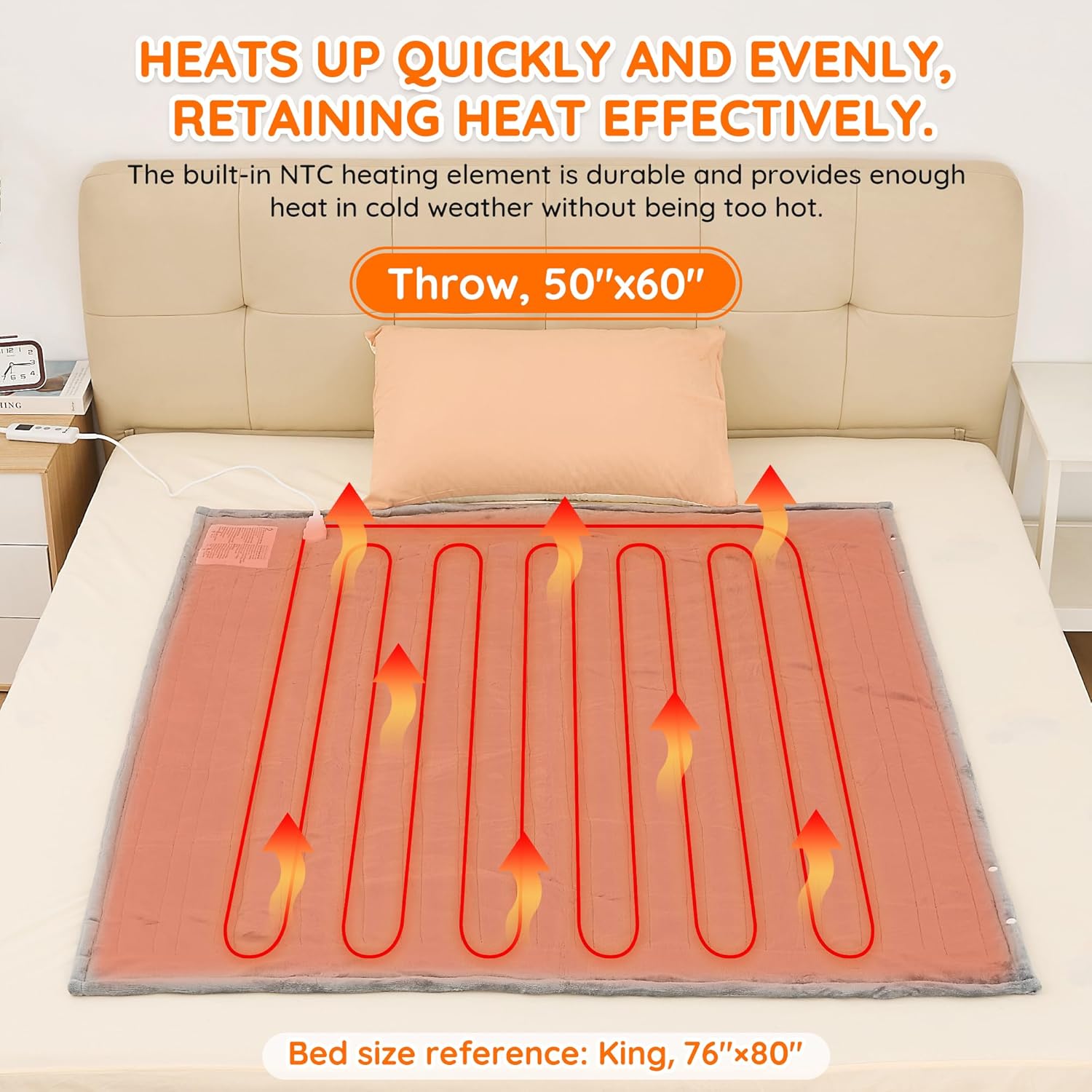 Mia&Coco Heated Throw Blanket - 50"x60" Flannel Electric Blanket, 6 Heat Levels, 10-Hour Auto-Off, Fast Heating, Overheat Protection, Machine Washable, Soft Heated Blanket for Home and Office (Gray) - Image 2