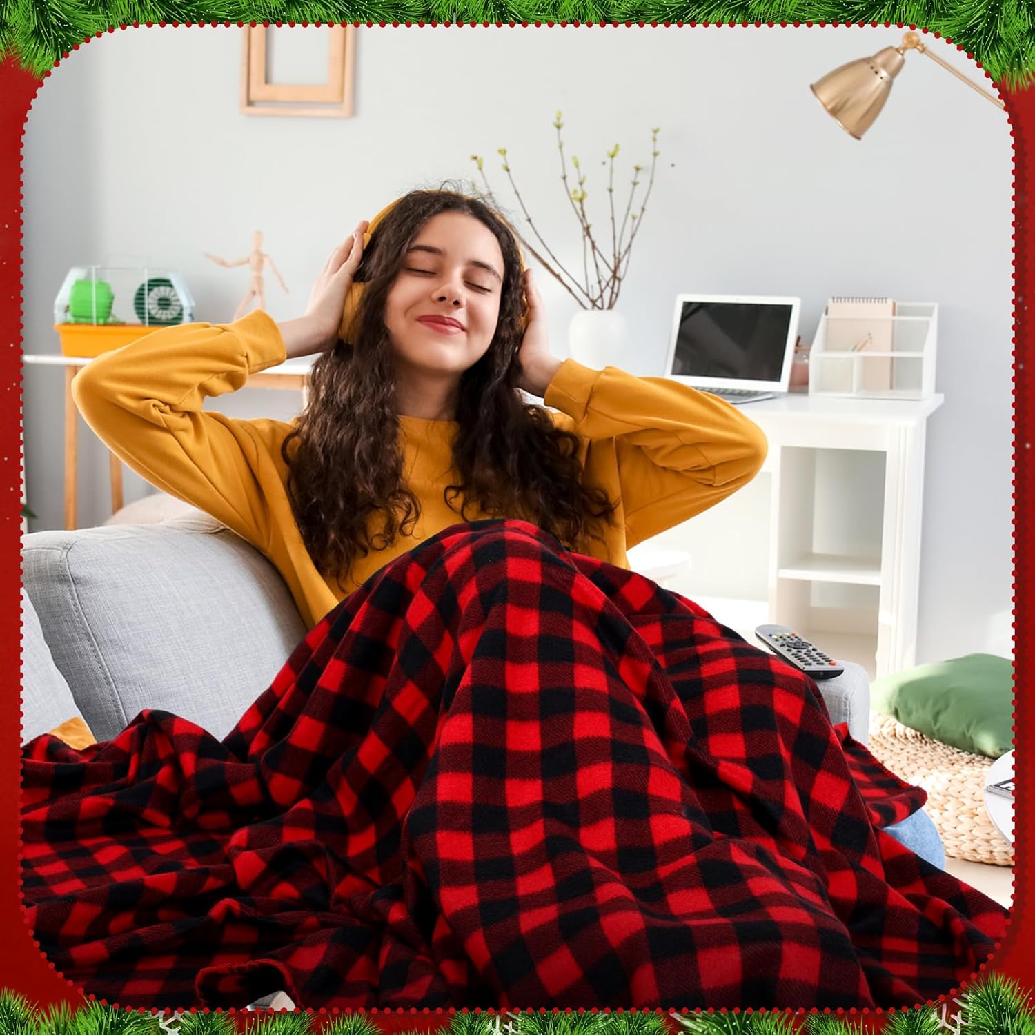 Moukeren 48 Pcs Buffalo Plaid Throw Blanket Bulk, 59 x 47 Inch Fleece Bed Throw Winter Warm Lightweight Blankets Soft Plush Plaid Blanket Bulk for Bed Couch Sofa Office or Homeless Gifts (Red,Black) - Image 5