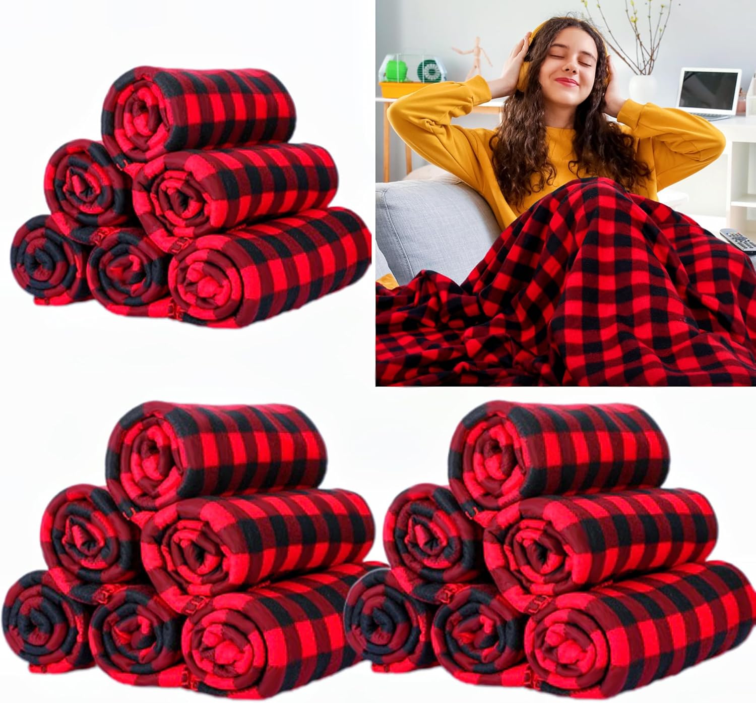 Moukeren 48 Pcs Buffalo Plaid Throw Blanket Bulk, 59 x 47 Inch Fleece Bed Throw Winter Warm Lightweight Blankets Soft Plush Plaid Blanket Bulk for Bed Couch Sofa Office or Homeless Gifts (Red,Black)