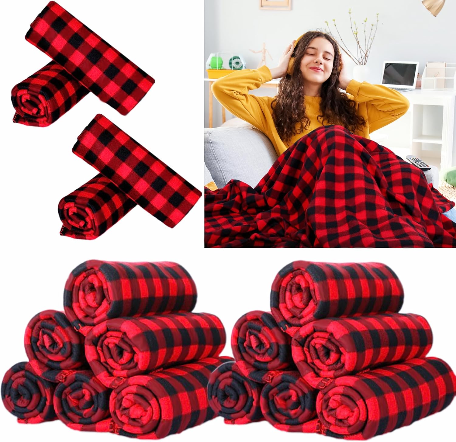 Moukeren 48 Pcs Buffalo Plaid Throw Blanket Bulk, 59 x 47 Inch Fleece Bed Throw Winter Warm Lightweight Blankets Soft Plush Plaid Blanket Bulk for Bed Couch Sofa Office or Homeless Gifts (Red,Black) - Image 8