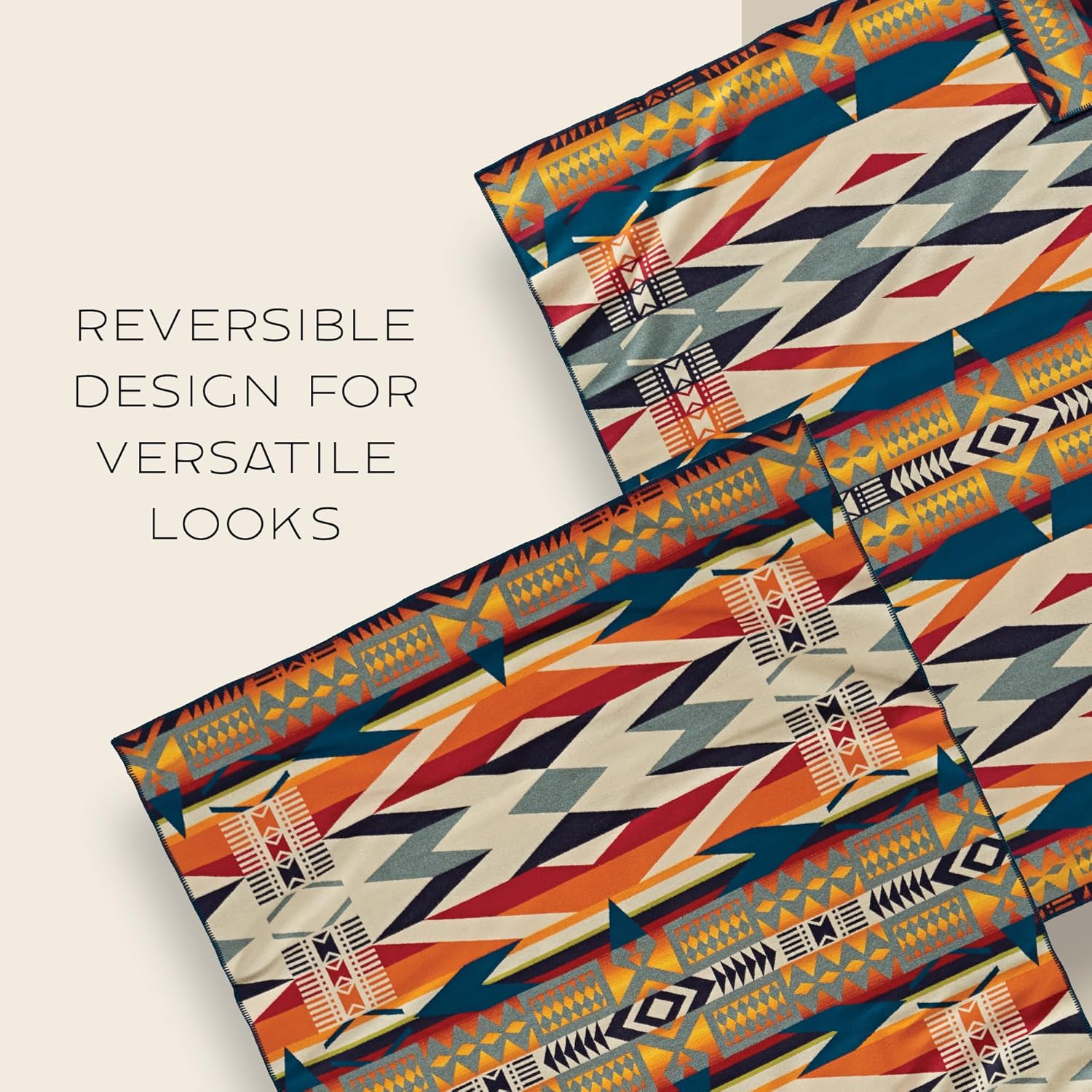 Pendleton Jacquard Unnapped Blanket 64" x 80" - Wool Cotton, Reversible, Lightweight, Soft, Ultrasuede Binding, Packable Throw for Home and Travel - Fire Legend Sunset - Image 4