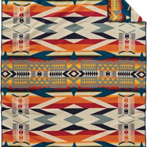 Pendleton Jacquard Unnapped Blanket 64" x 80" - Wool Cotton, Reversible, Lightweight, Soft, Ultrasuede Binding, Packable Throw for Home and Travel - Fire Legend Sunset