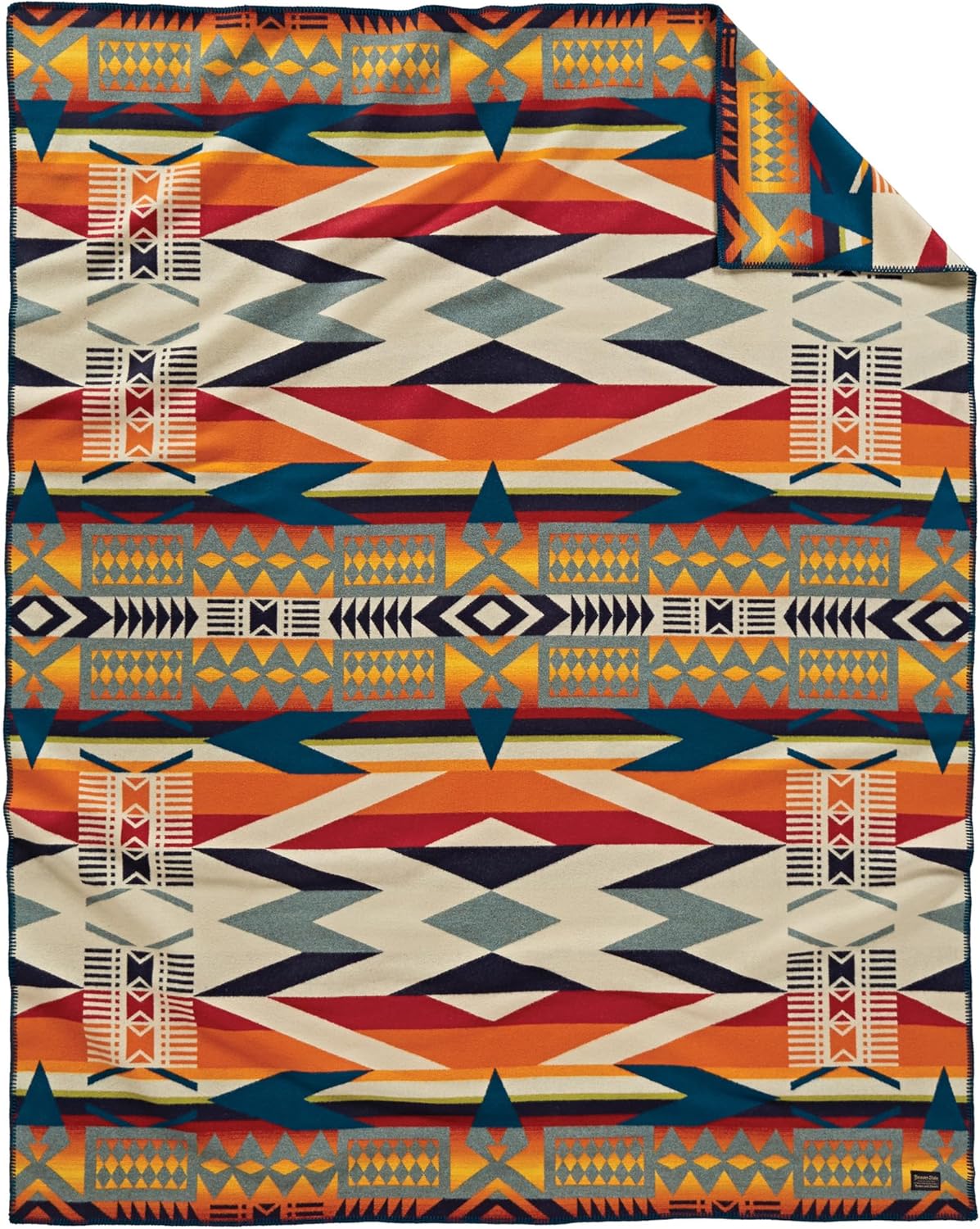 Pendleton Jacquard Unnapped Blanket 64" x 80" - Wool Cotton, Reversible, Lightweight, Soft, Ultrasuede Binding, Packable Throw for Home and Travel - Fire Legend Sunset