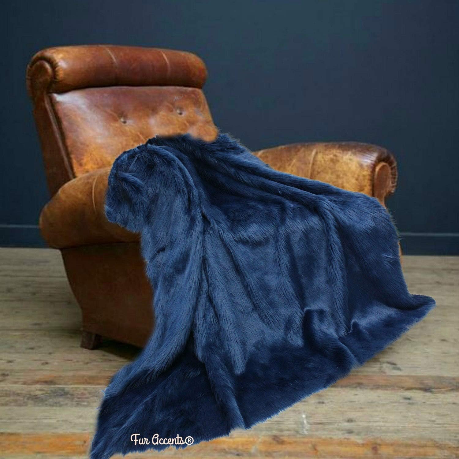 Plush Faux Fur - Throw Blanket - Fashion Fur - King Size Navy Blue Bedspread - Shaggy - Shag - Fur Accents (King, Navy Blue) - Image 3