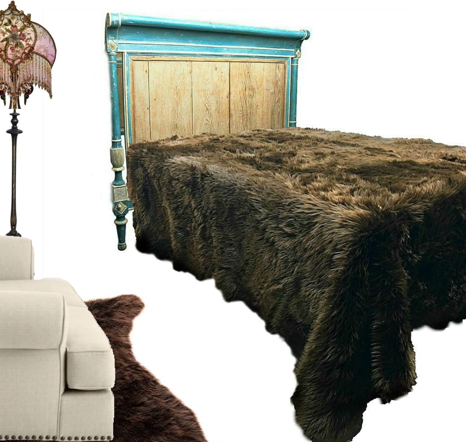 Plush Faux Fur - Throw Blanket - Fashion Fur - King Size Navy Blue Bedspread - Shaggy - Shag - Fur Accents (King, Navy Blue) - Image 66