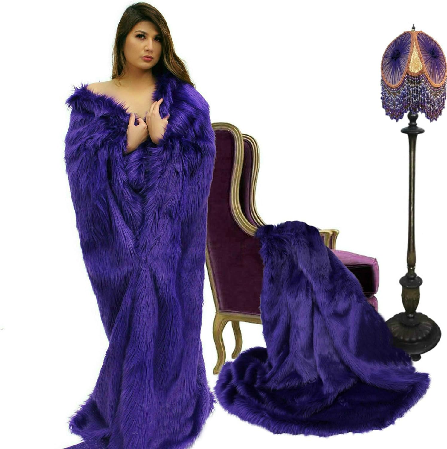 Plush Faux Fur - Throw Blanket - Fashion Fur - King Size Navy Blue Bedspread - Shaggy - Shag - Fur Accents (King, Navy Blue) - Image 30