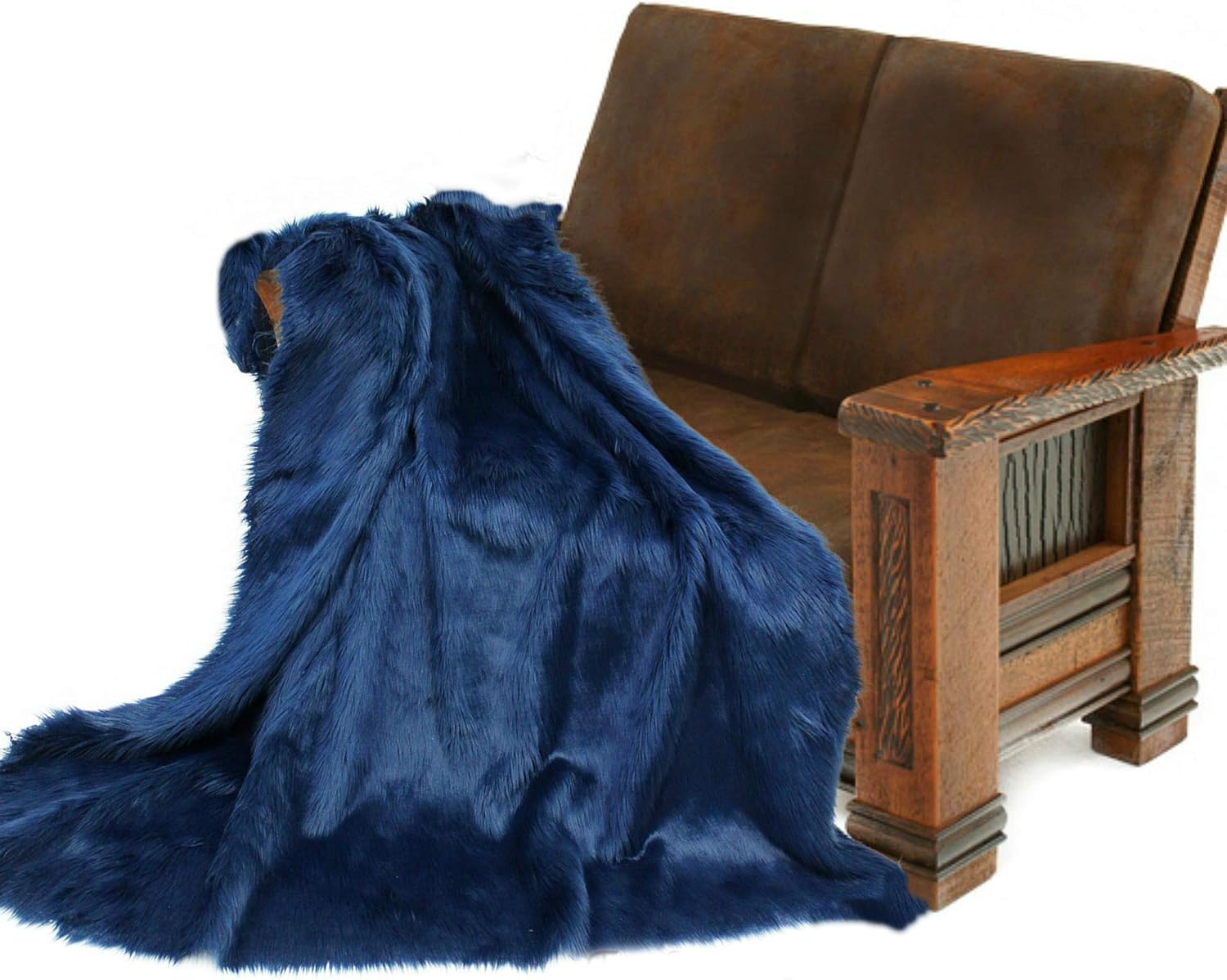 Plush Faux Fur - Throw Blanket - Fashion Fur - King Size Navy Blue Bedspread - Shaggy - Shag - Fur Accents (King, Navy Blue)