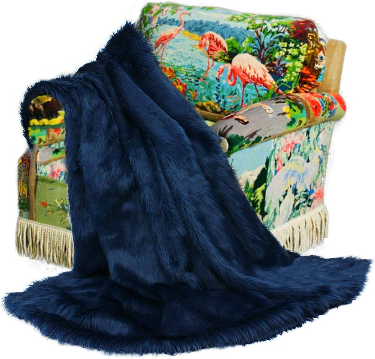 Plush Faux Fur - Throw Blanket - Fashion Fur - Navy Blue Throw Blanbket - Shaggy - Shag - Fur Accents (5'x6', Navy Blue) - Image 3