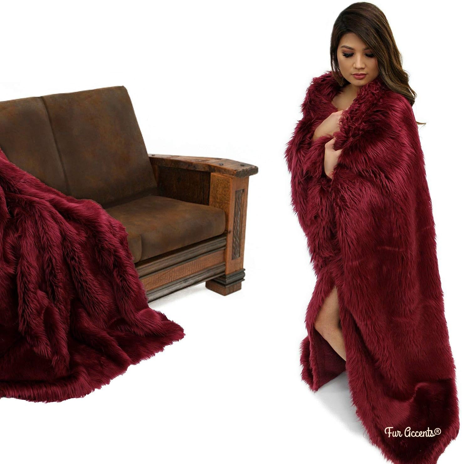 Plush Faux Fur - Throw Blanket - Fashion Fur - Rich Burgundy Wine Color - Shaggy - Shag - Fur Accents (3'x5', Burgundy Wine)