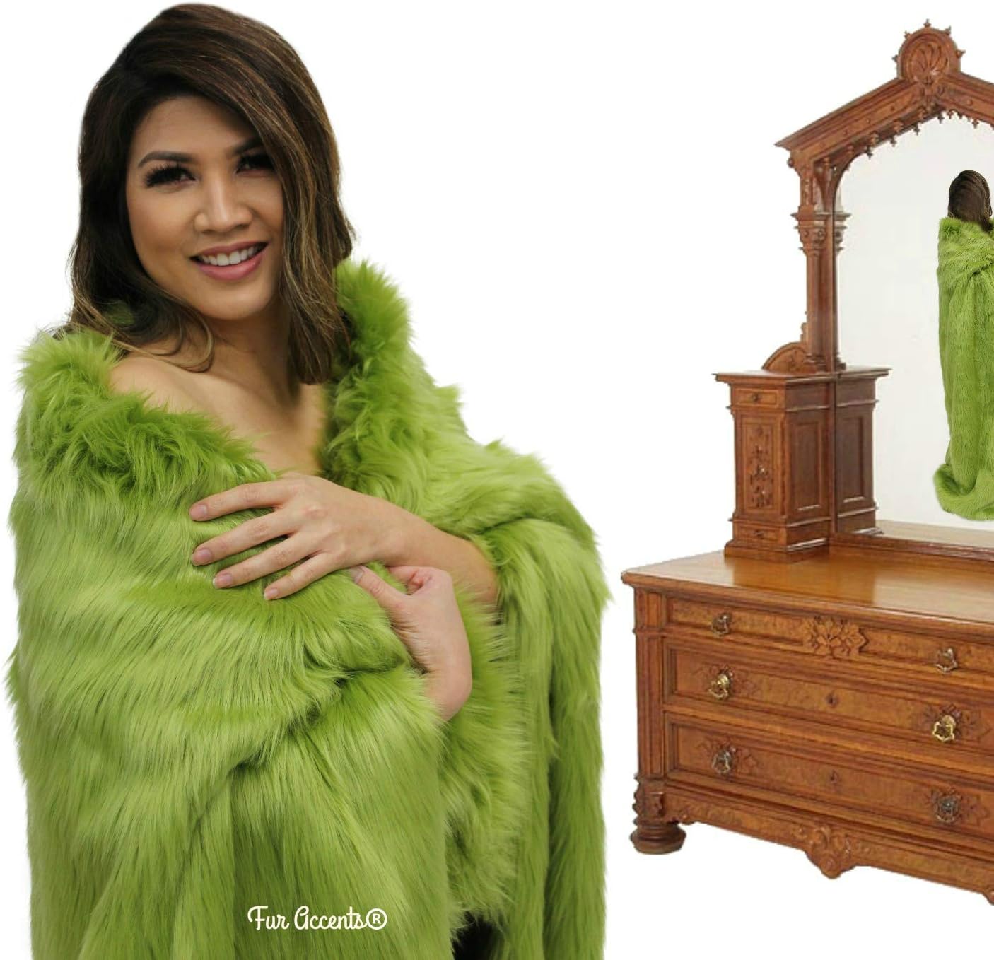 Plush Faux Fur - Throw Blanket - Fashion Fur - Small Olive Green Throw - Shaggy - Shag - Fur Accents 60"x72" - Image 2