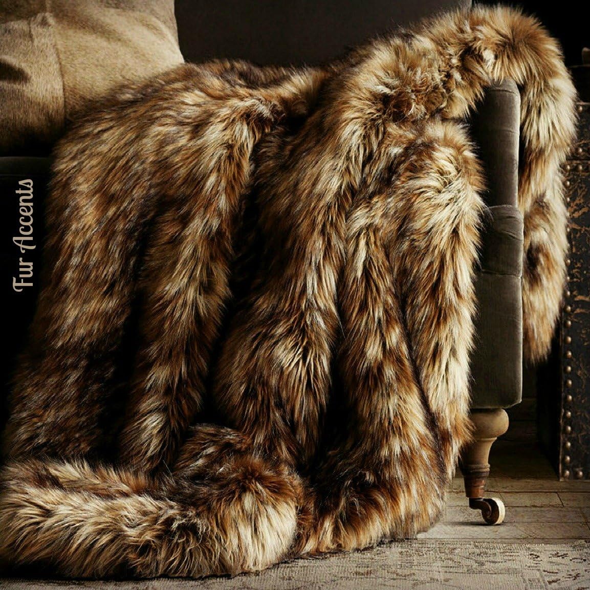 Premium Quality Faux Fur Medium Brown Wolf - Spotted Lynx - Faux Fur Throw Blanket - Luxuriously Thick and Soft - Minky Cuddle Fur Lining (King Duvet) - Image 6