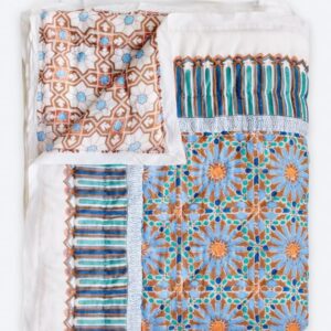 Saffron Marigold Reversible Blue Quilted Throw Blanket, Twin Sized Handmade Hand Block Printed Mosaique Bleue Earth Cotton Voile Jaipuri Razai Bedspread for Bed 70 x 90 Queen in