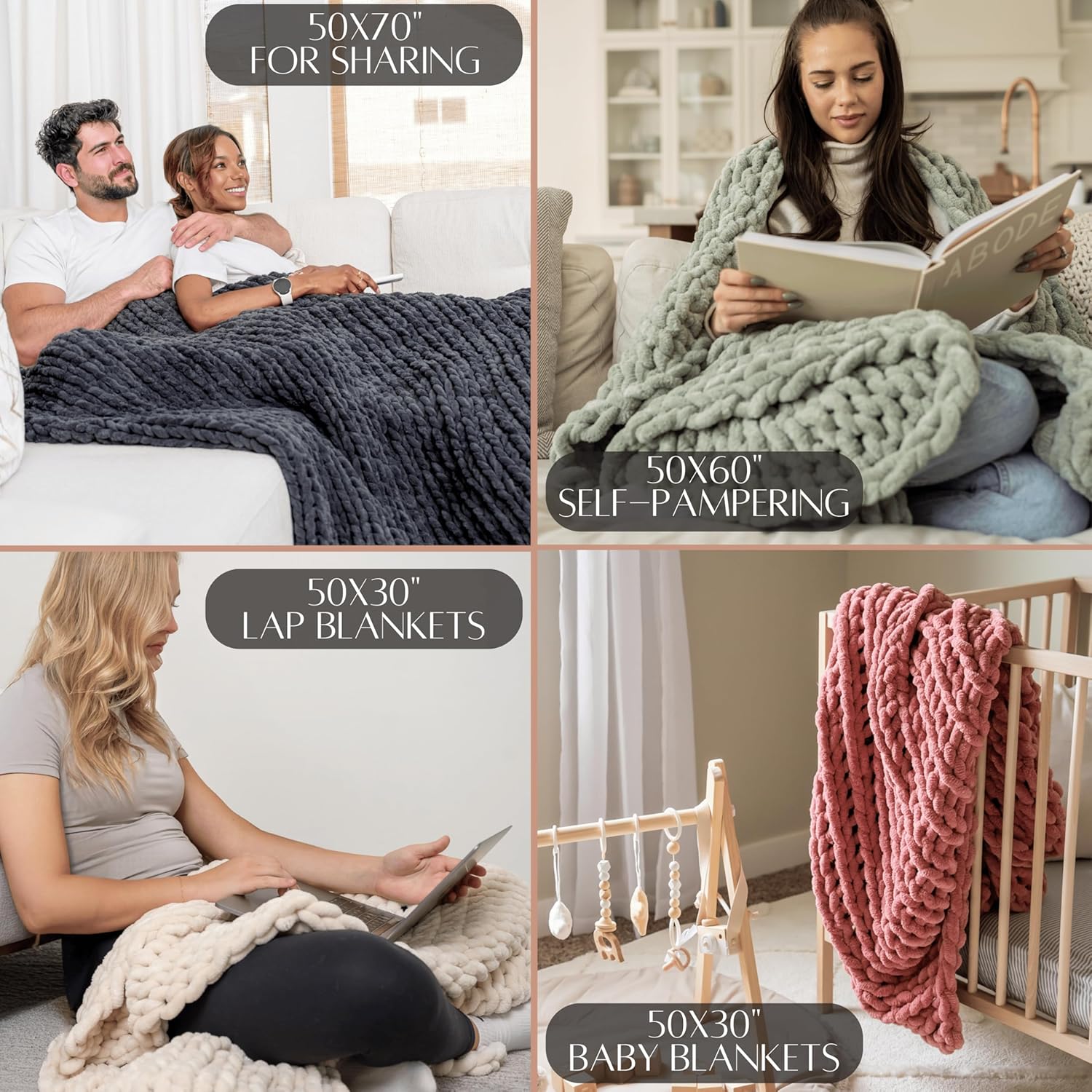 SAMIAH LUXE Chunky Knit Blanket 50x30" Cream Chenille Cable Knitted i##e##s: Chunky Knit Throw Blankets ^^ Living Room Decor ^^ Personal Lap Blanket ^^ Boho Decor ^^ Couch ^^ Bed ^^ Throw ^^ Crochet ^^ Lap Blankets :i##e##s - Image 4