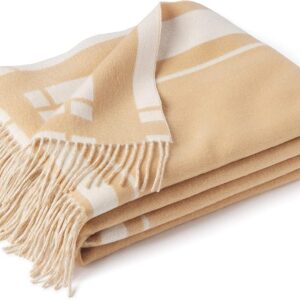 State Cashmere Reversible Throw Blanket with Fringes - Ultra Soft Accent Blanket for Couch, Sofa & Bed - Made with Merino Wool & Cashmere Sourced from Inner Mongolia - (Camello\/Beige, 70"x50")
