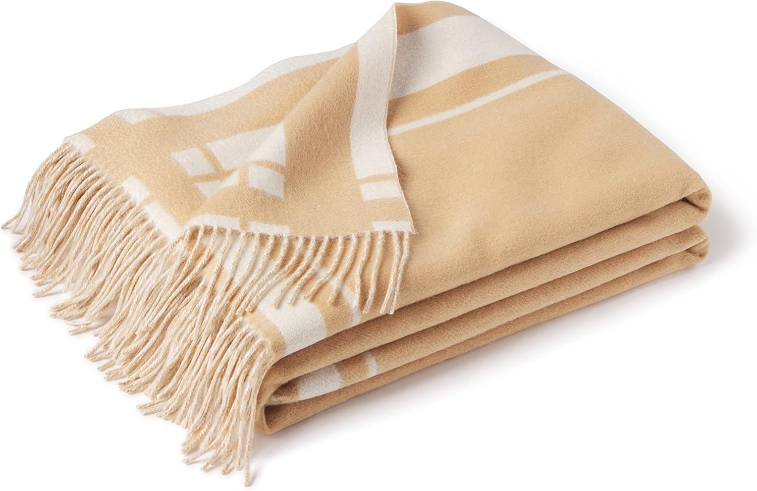 State Cashmere Reversible Throw Blanket with Fringes - Ultra Soft Accent Blanket for Couch, Sofa & Bed - Made with Merino Wool & Cashmere Sourced from Inner Mongolia - (Camello\/Beige, 70"x50")