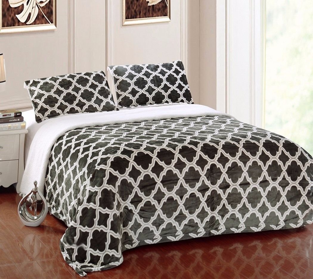 Super Soft Micro-Mink Sherpa Quatrefoil Reversible Throw Blanket King, Gray