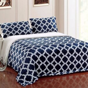 Super Soft Micro-Mink Sherpa Quatrefoil Reversible Throw Blanket King, Navy