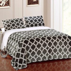Super Soft Micro-Mink Sherpa Quatrefoil Reversible Throw Blanket Queen, Gray