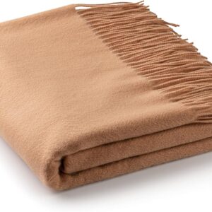 Velanio Cashmere 100% Cashmere Throw Blanket with Fringe 60 x 54 Inch Super Soft Warm for Home, Travel Sofa Bed (Camel)