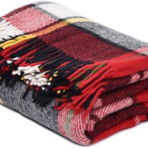Wool Blanket - Plaid Throw Blanket for Sofa and Bed — Warm and Cozy New Zealand Blanket —Natural Fringe Blanket Made of Soft Wool — Breathable and Lightweight — 4 Designs — Large Size (Black red)