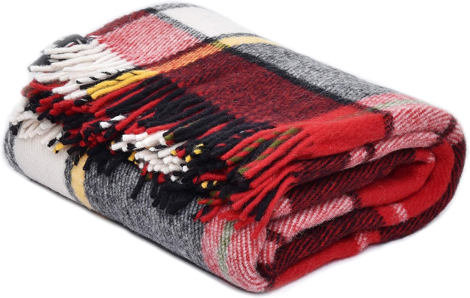 Wool Blanket - Plaid Throw Blanket for Sofa and Bed — Warm and Cozy New Zealand Blanket —Natural Fringe Blanket Made of Soft Wool — Breathable and Lightweight — 4 Designs — Large Size (Black red)